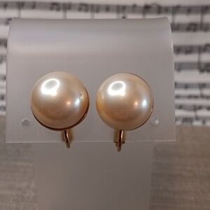 Les Bernard Faux Pearl Gold Tone Clip Earrings
